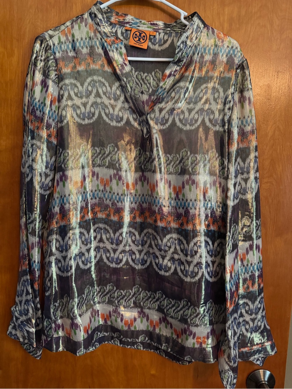 Tory Burch Sheer Multicolor Metallic V-Neck Patterned Blouse